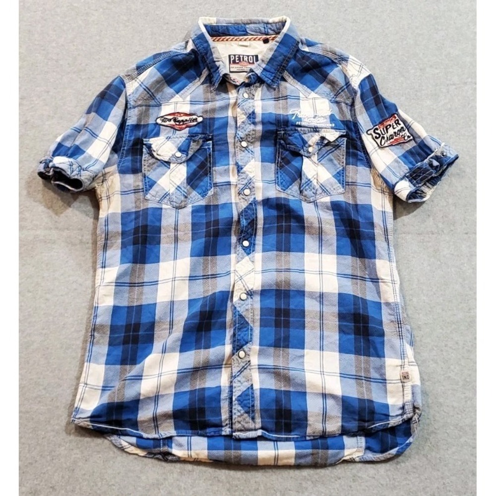 Petrol Industries Men's Plaid Shirt Short Sleeve Large Pearl‎ Buttons